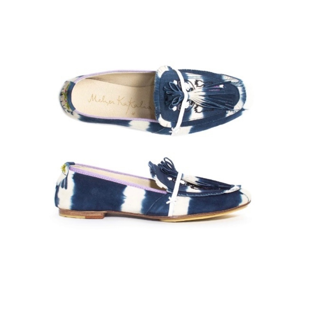 Meher Kakalia blue and white tie dye tassel flat